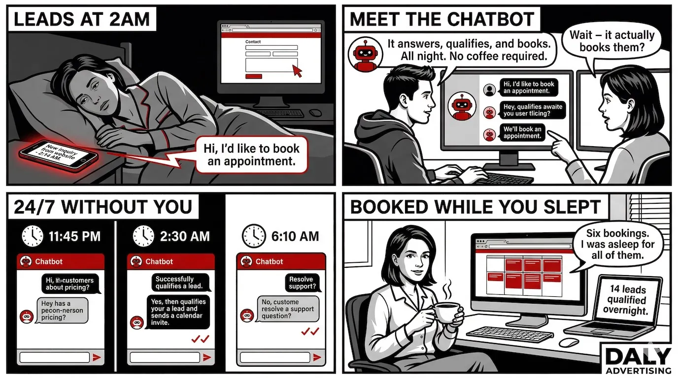 Comic strip showing an AI chatbot capturing leads and handling customer service 24/7