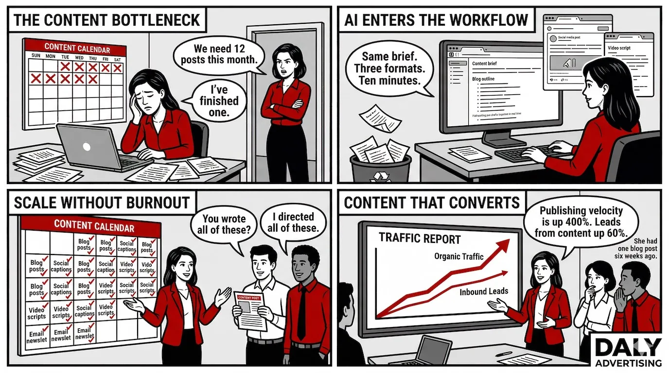 Comic strip showing a marketing team scaling content production from 1 post to a full calendar using AI workflows