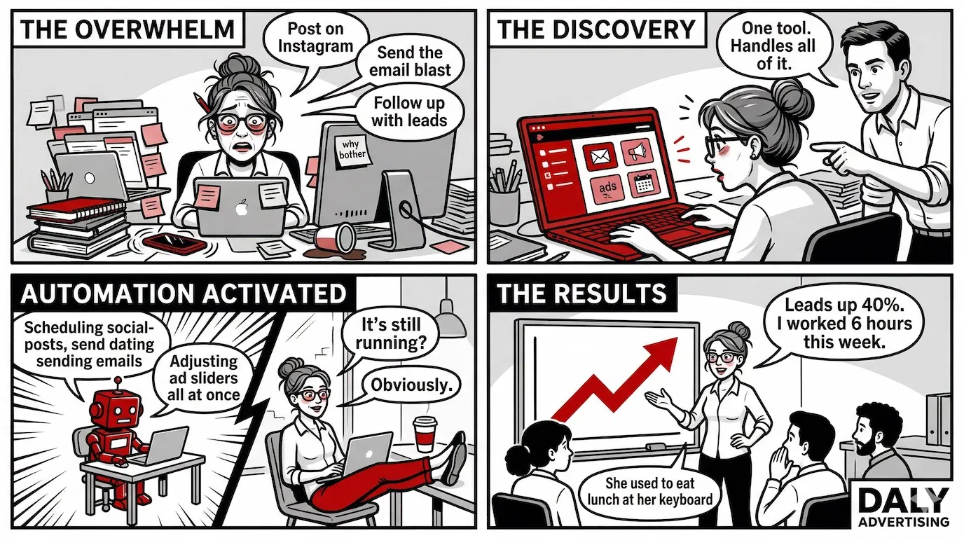 Comic strip showing AI marketing automation tools streamlining campaign management and reporting