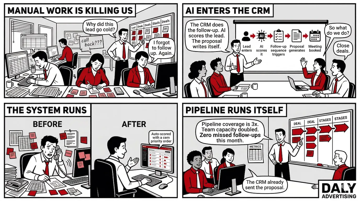 Comic strip showing a sales team replacing manual follow-ups with AI-powered CRM automation and pipeline management