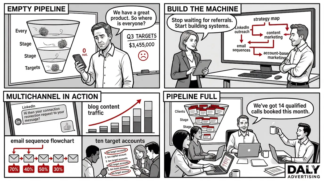 Comic strip showing B2B lead generation strategies powered by AI automation and pipeline management
