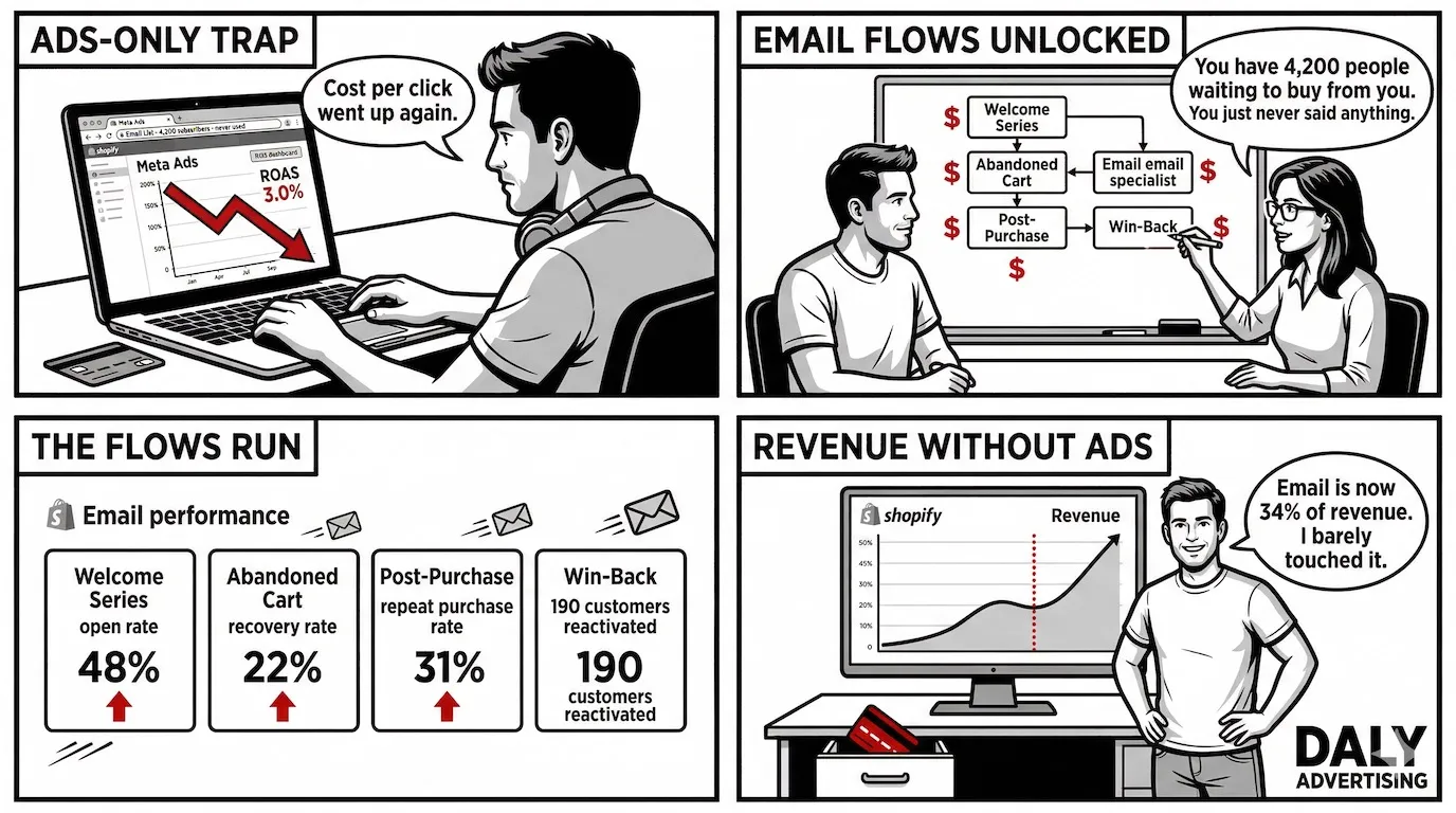 Comic strip showing ecommerce email marketing automation driving revenue through flows and segmentation