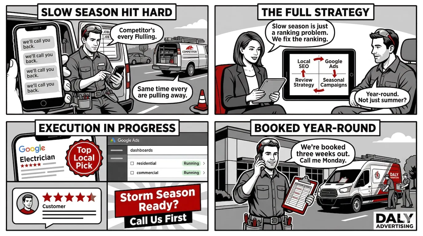 Comic strip showing an electrician going from slow season to booked year-round with Local SEO, Google Ads, and review strategy