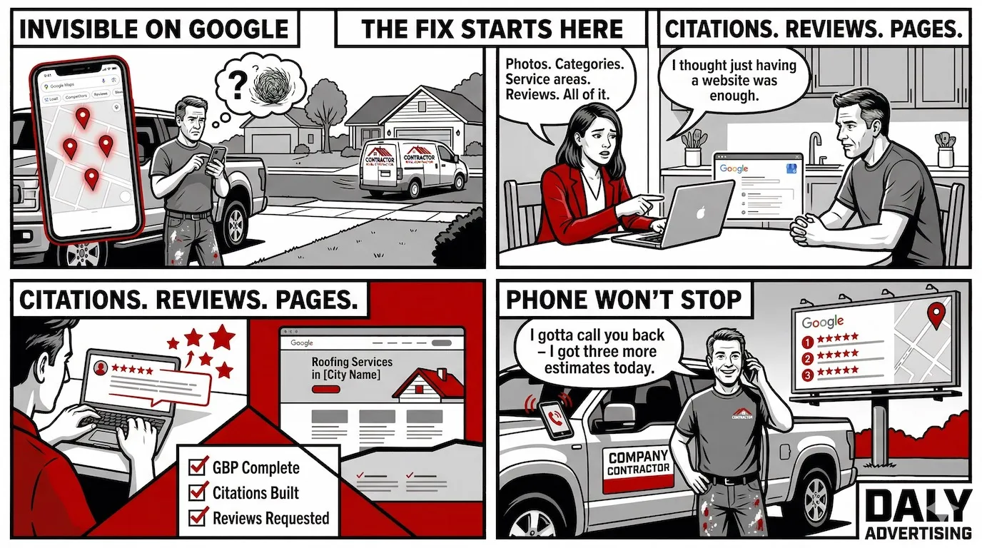 Comic strip showing contractors improving local search rankings with Google Business Profile and city pages