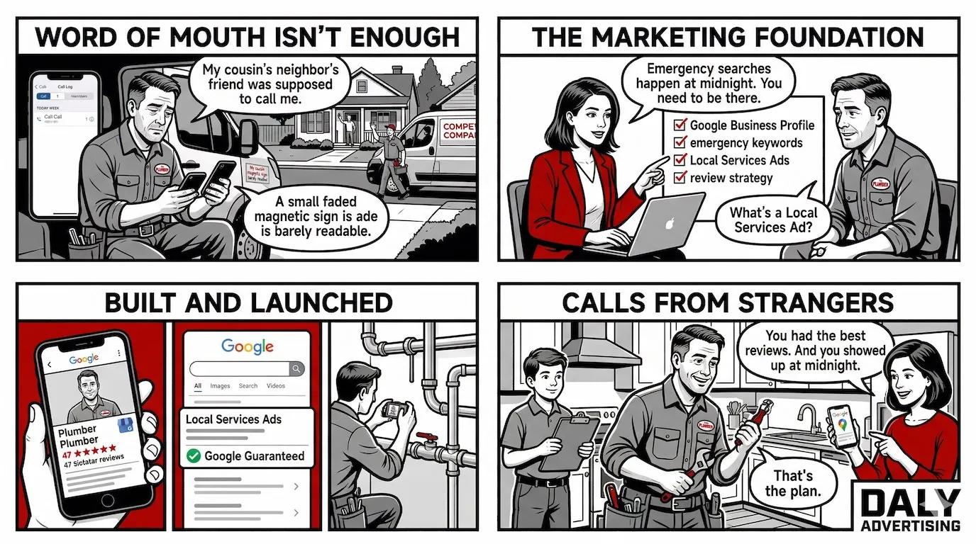 Comic strip showing a plumber going from word-of-mouth referrals to getting calls from strangers through Google Local Services Ads and reviews